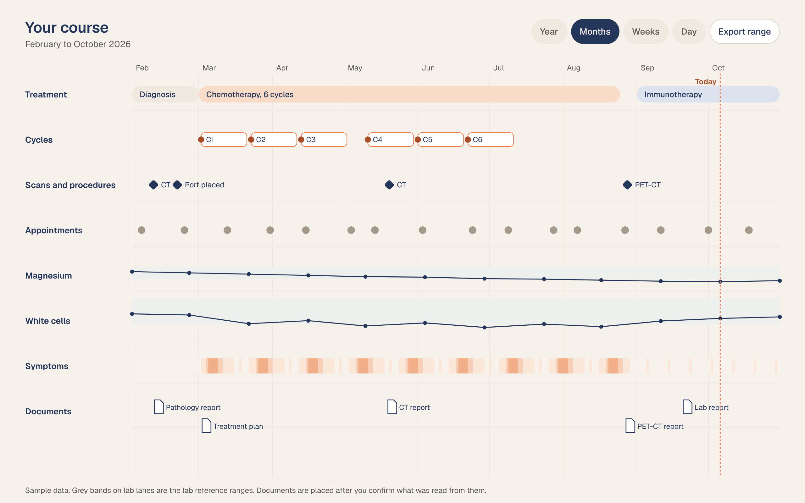 Treatment journey map from February to October: diagnosis, six chemotherapy cycles and immunotherapy, with scans, appointments, magnesium and white cell trends, symptoms and documents in lanes
